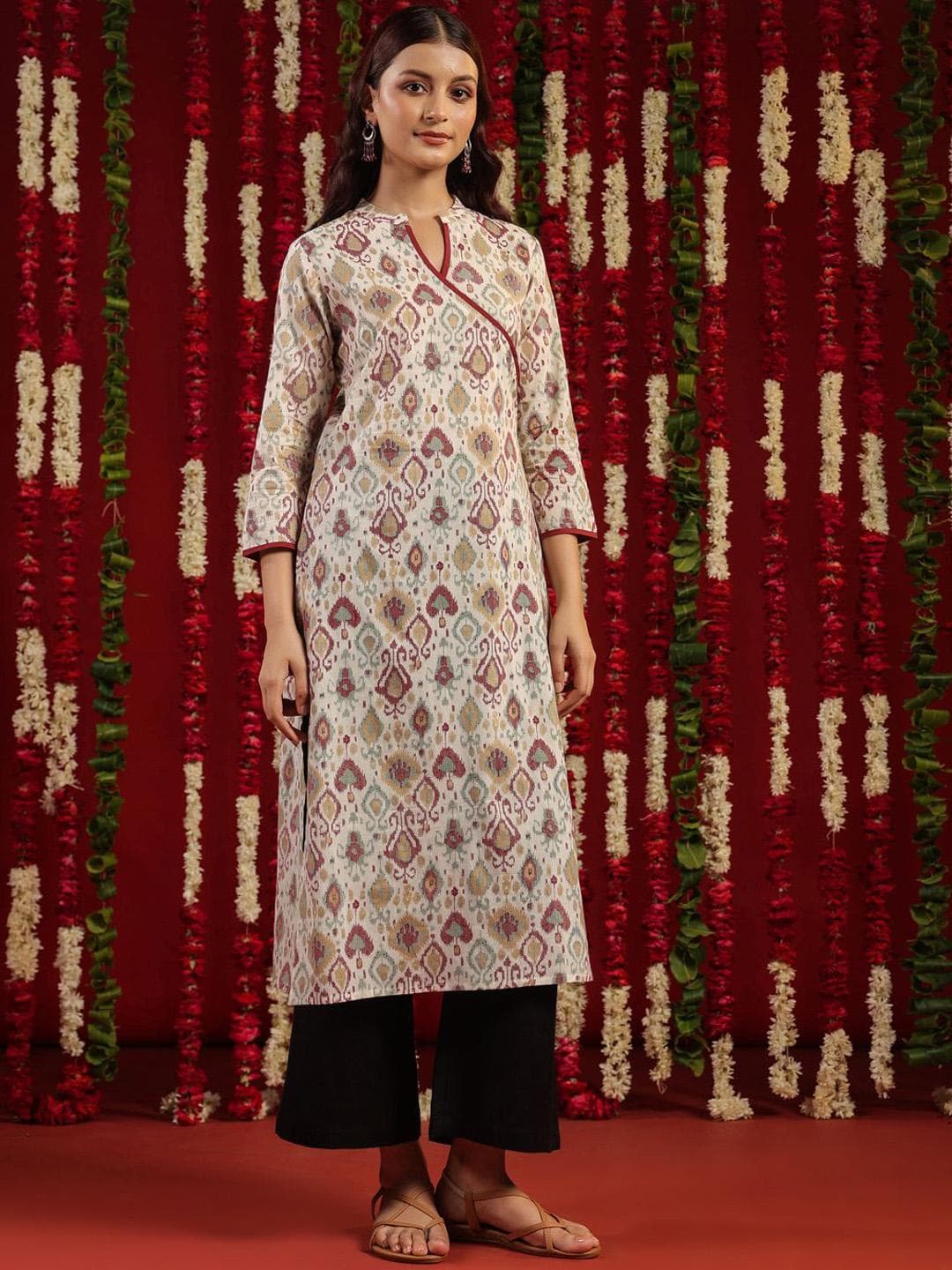 anayna White & Maroon Ethnic Motifs Printed Mandarin Collar Cotton Straight Kurta