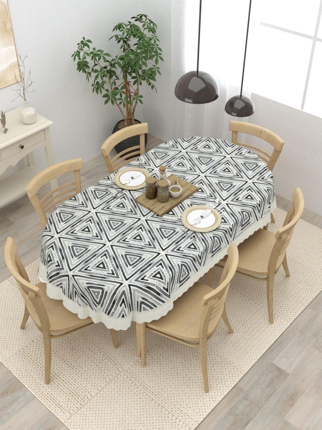 Clasiko Black & White Geometric Printed Anti Slip Oval 6 Seater Table Cover