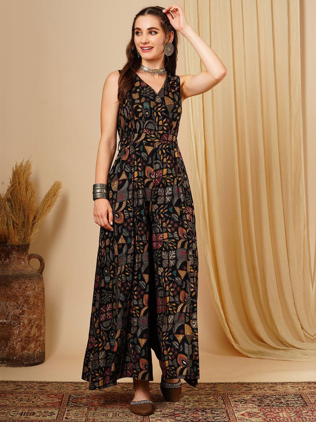 Globus Abstract Print Wrap V-Neck Waist Tie Up Flared Hem Fusion Jumpsuit
