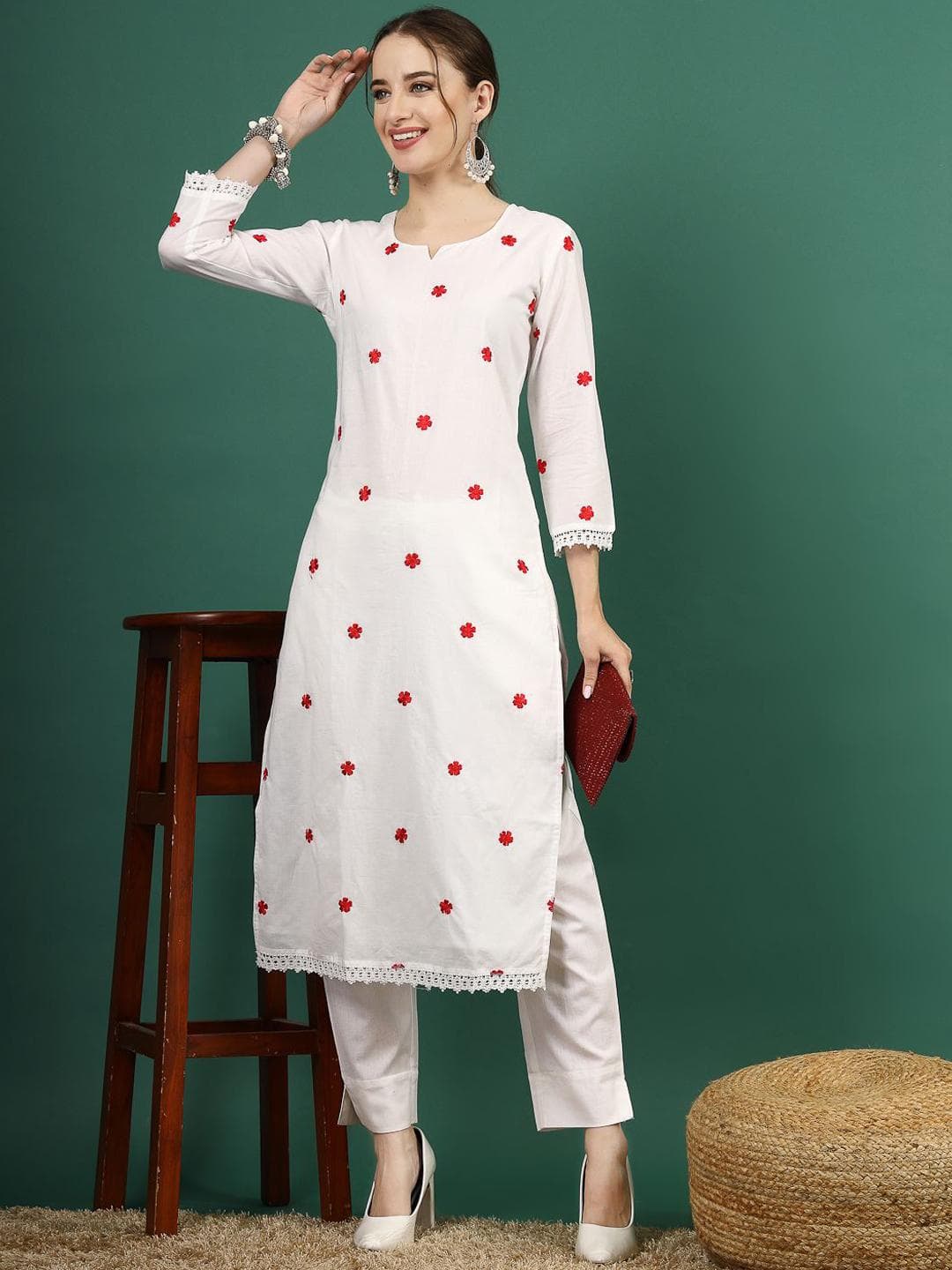 Sangria Floral Embroidered Thread Work Pure Cotton Straight Kurta