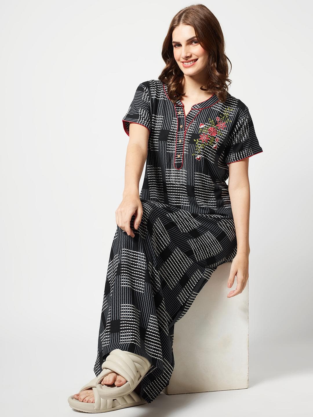 Zeyo Checks Maxi Nightdress