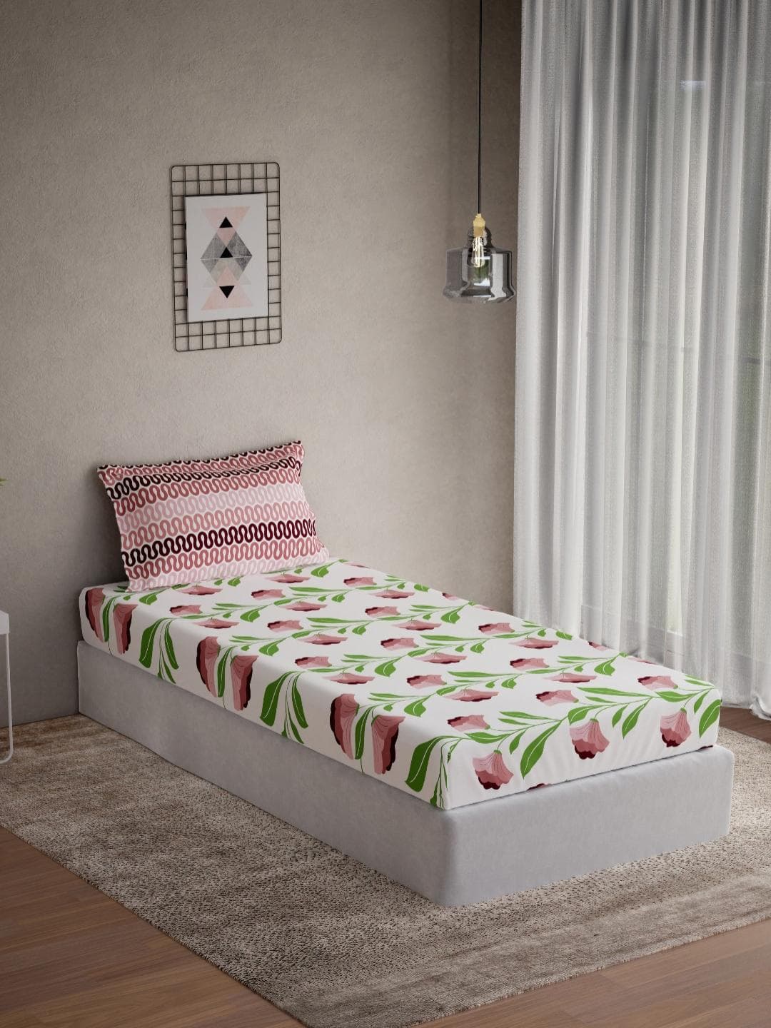 DDecor White Floral Cotton 145 TC Single Bedsheet with a Pillow Cover-152 x 224 cm