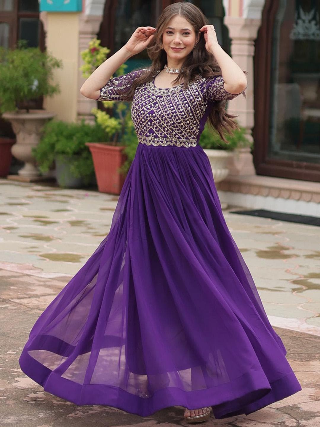 KALINI Geometric Embroidered V-Neck Georgette Maxi Gown Dress