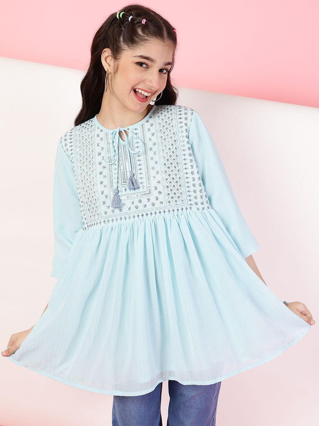 BAESD Embroidered Keyhole Neck Georgette Top