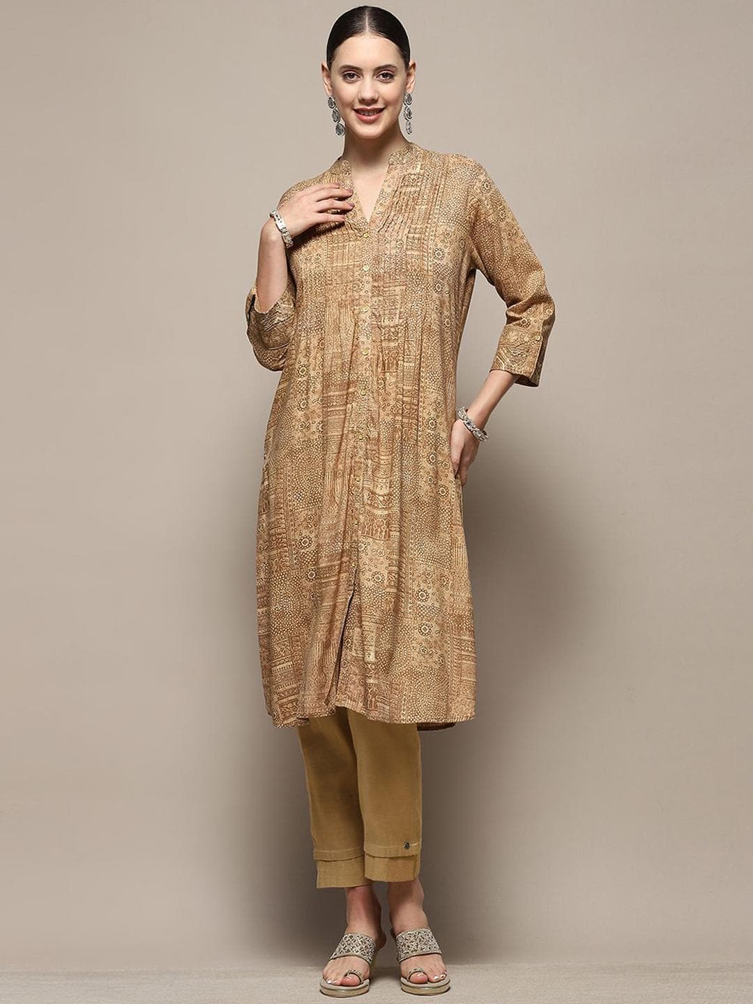 Biba Floral Printed Mandarin Collar Roll-Up Sleeves Silk Straight Kurta