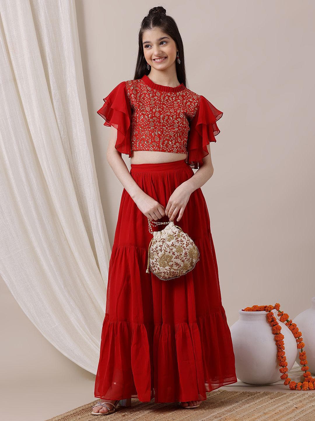 Inddus Girls Embroidered Sequinned Ready to Wear Lehenga &