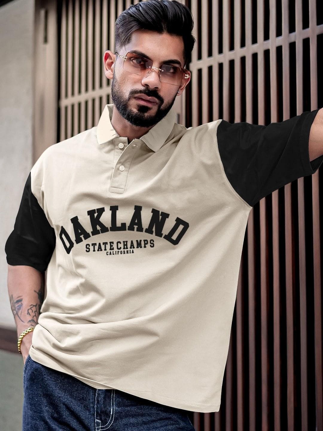 Maniac Men Typography Printed Polo Collar Cotton Oversized T-Shirt