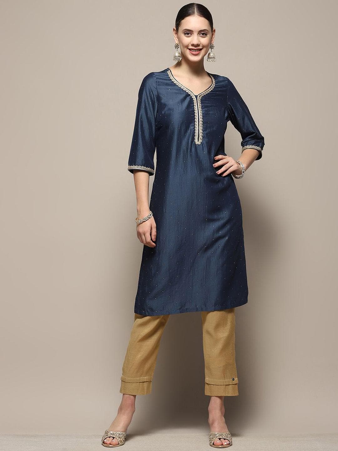 Biba V-Neck Beaded Straight Kurta