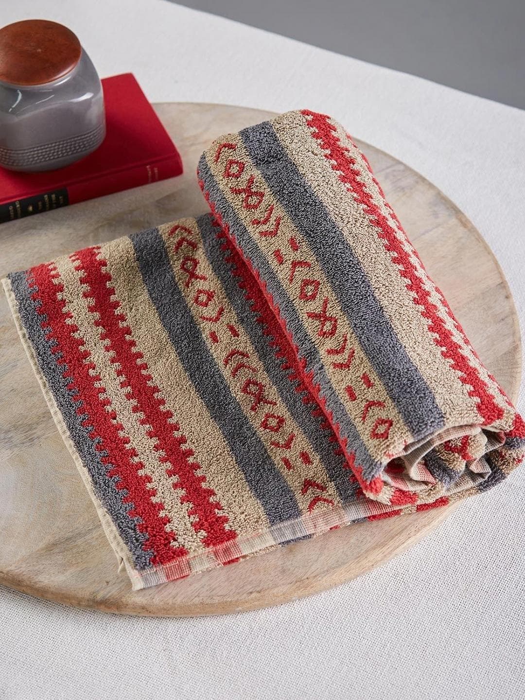 Fabindia Raina Red & Beige Geometric Printed Cotton 570 GSM Hand Towel