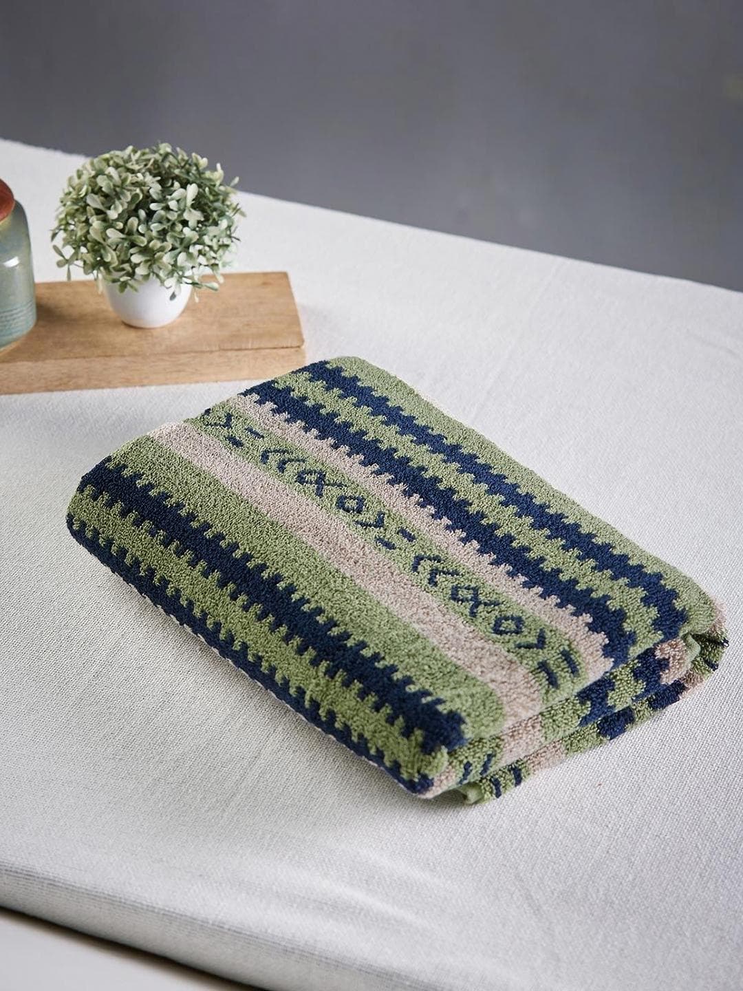 Fabindia Raina Navy Blue & Green Printed Cotton 570 GSM Hand Towel