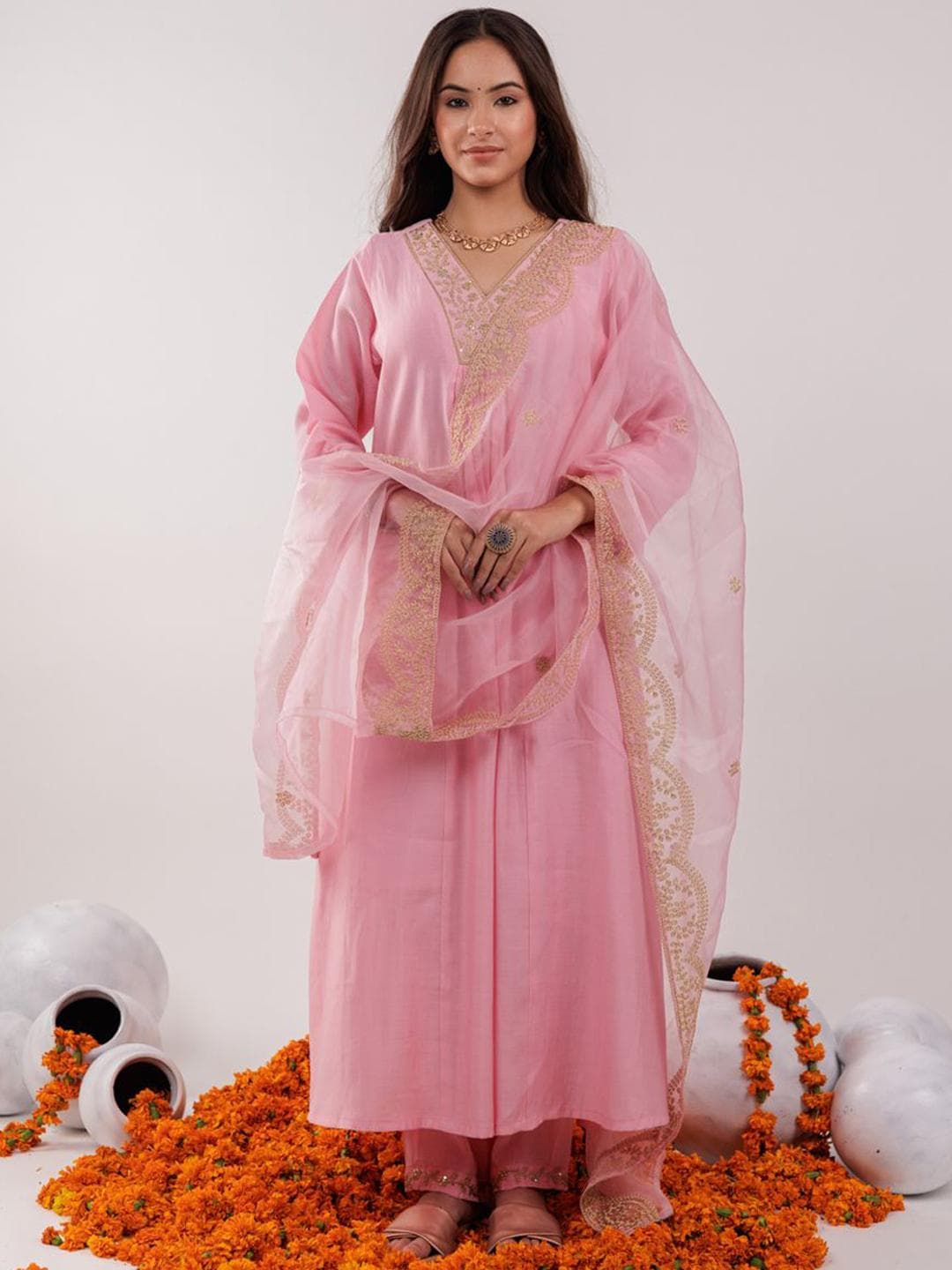Yufta Pink Floral Yoke Design Embroidered V-Neck Zari A-Line Kurta With Trouser & Dupatta