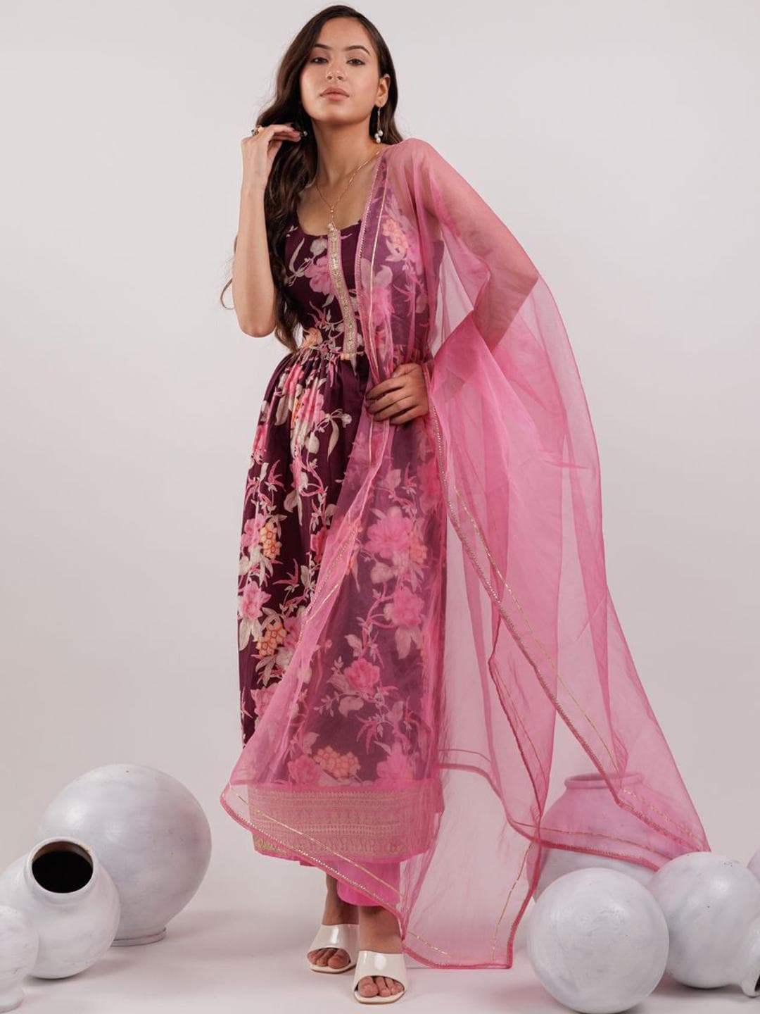 Yufta Burgundy Floral Embroidered Pure Cotton Anarkali Kurta With Trousers & Dupatta