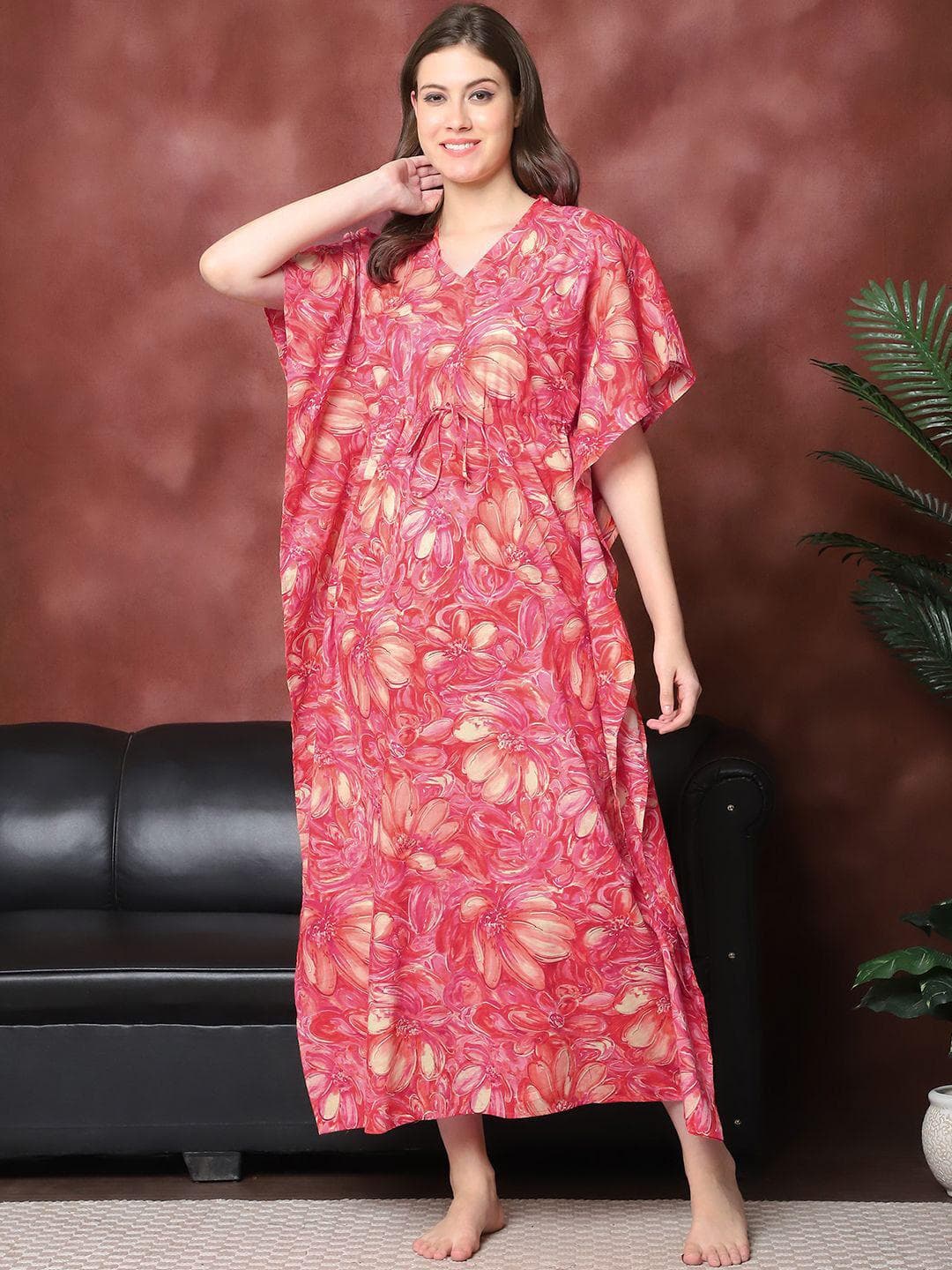 Claura Women Printed Pure Cotton Kaftan Nightdress