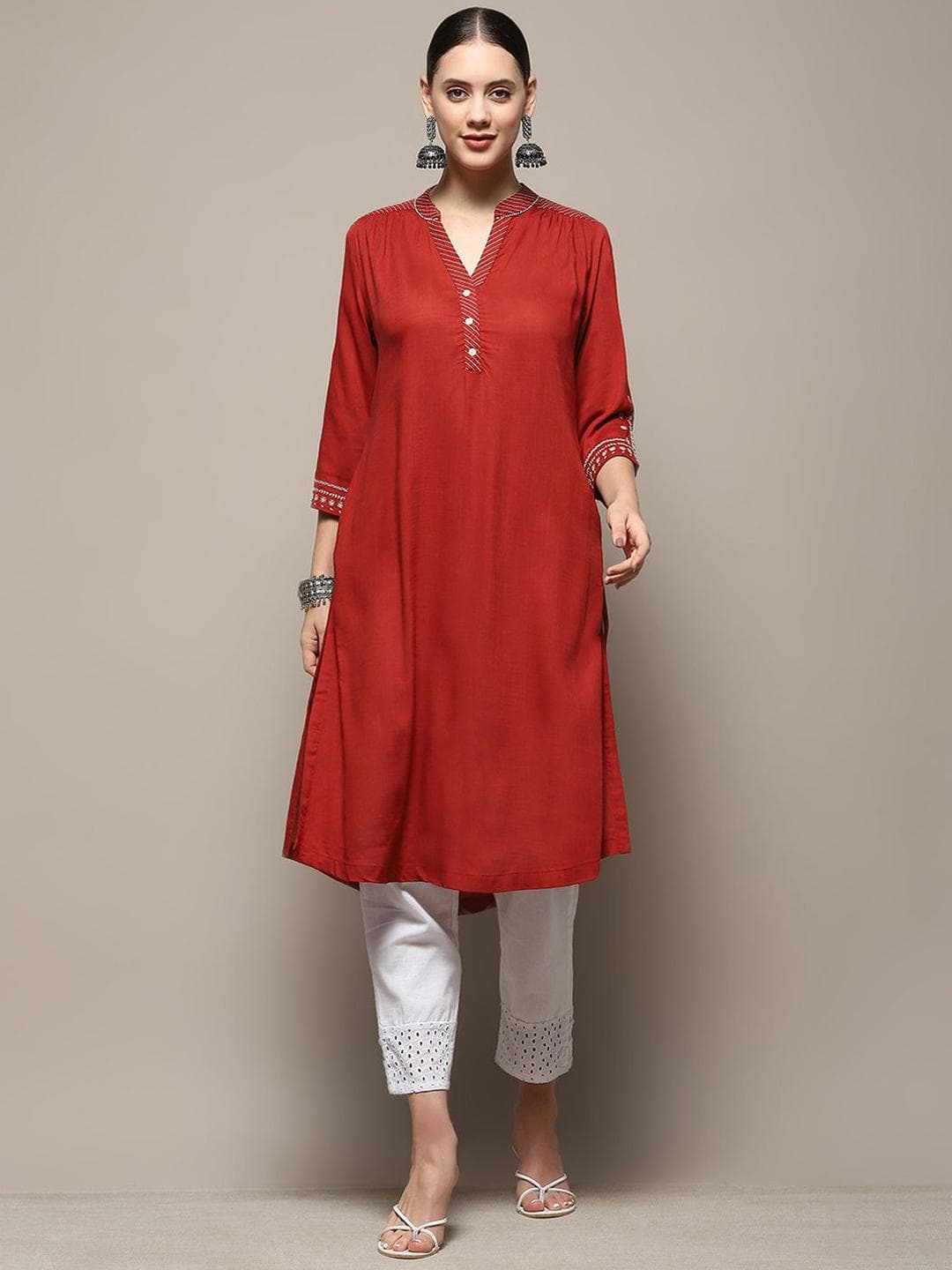 Biba Mandarin Collar Silk A-Line Kurta