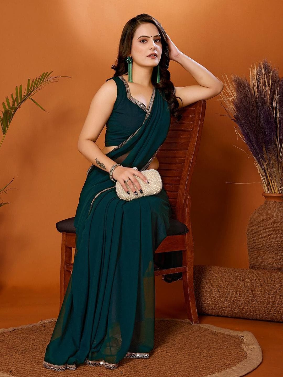FABMORA Mirror Work Poly Georgette Saree