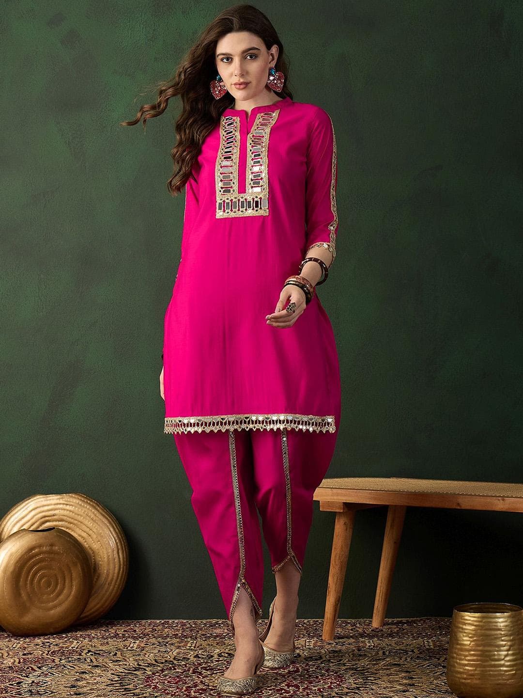 Buy Sangria Embellished Mirror Work Roman Silk Tunic With Dhoti Pant - - Apparel for Women