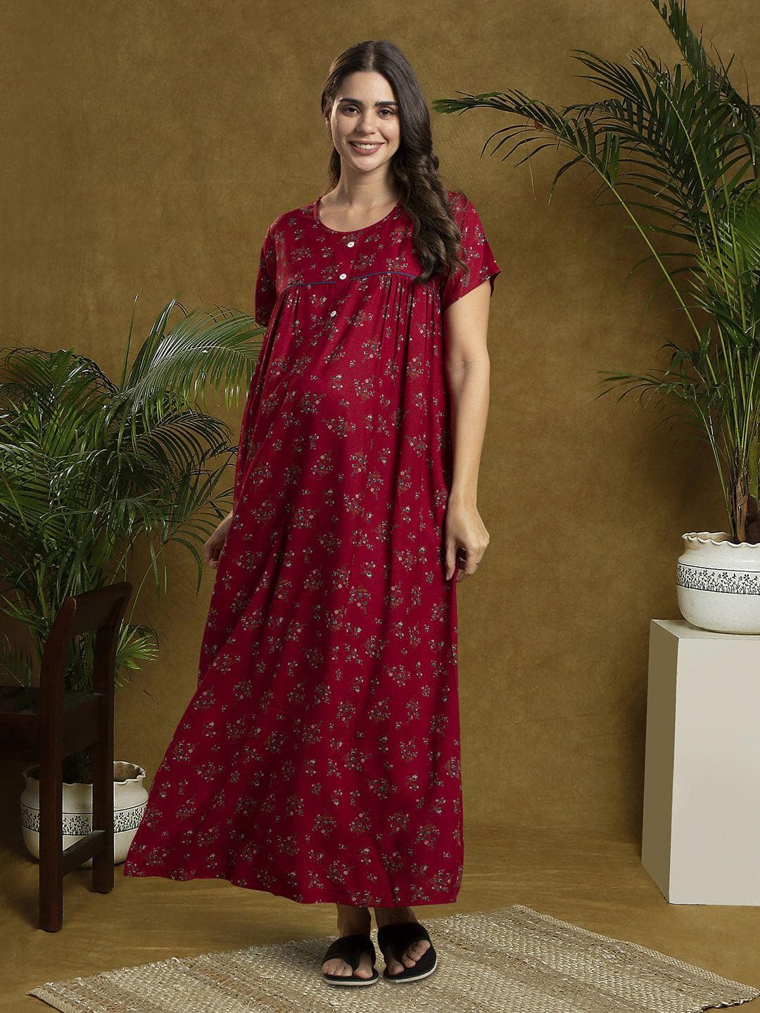 MomToBe Women Floral Printed Maternity Maxi Nightdress