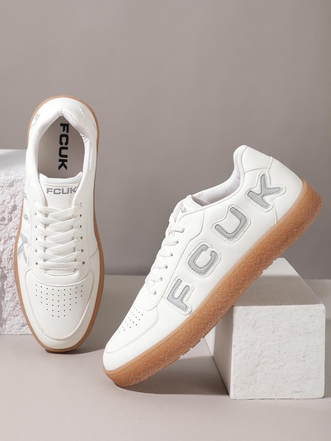 FCUK Men Brand Logo Printed Round-Toe Sneakers with Perforated Detail