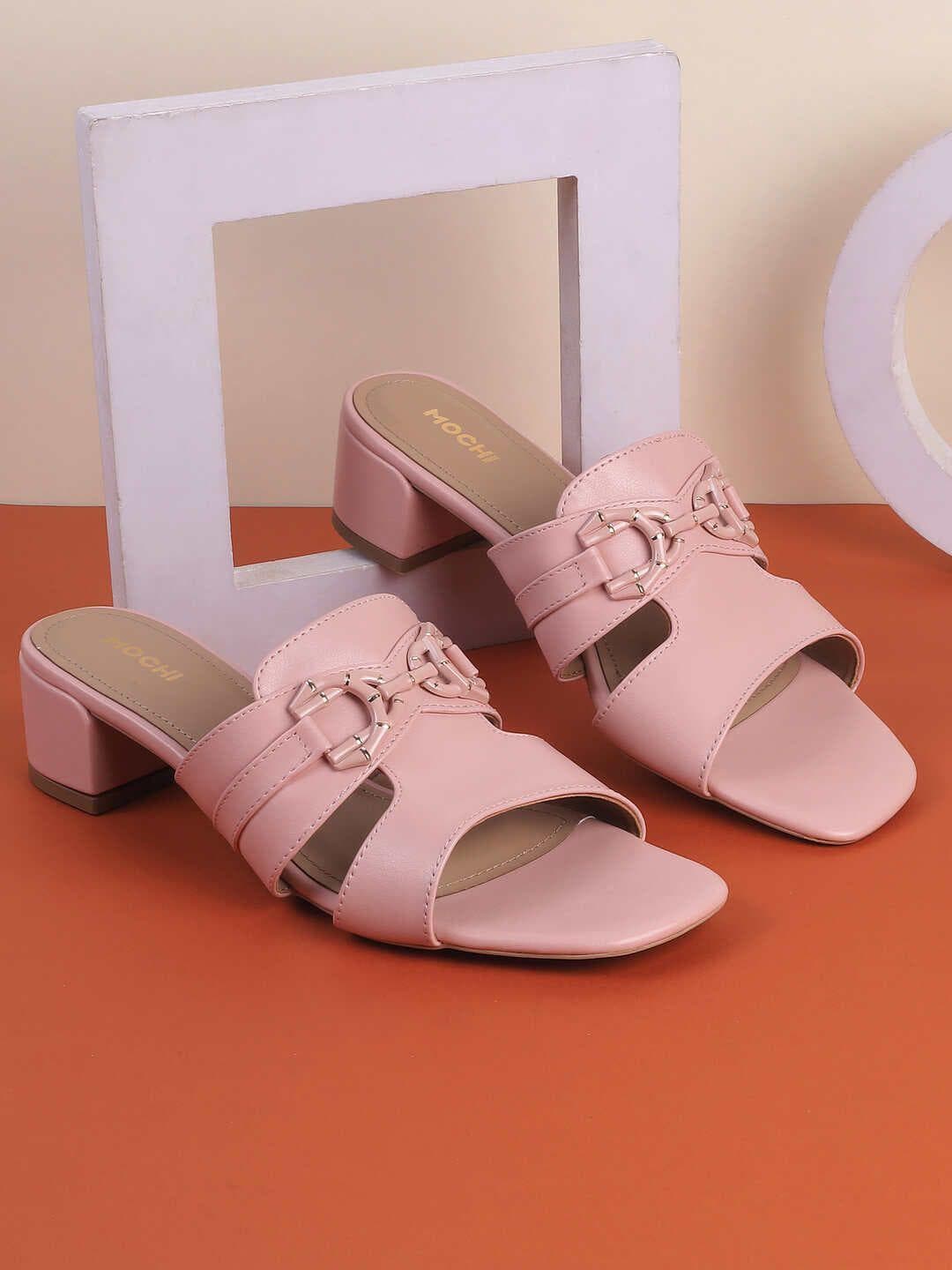 Mochi Women Open Toe Block Sandals with Buckles