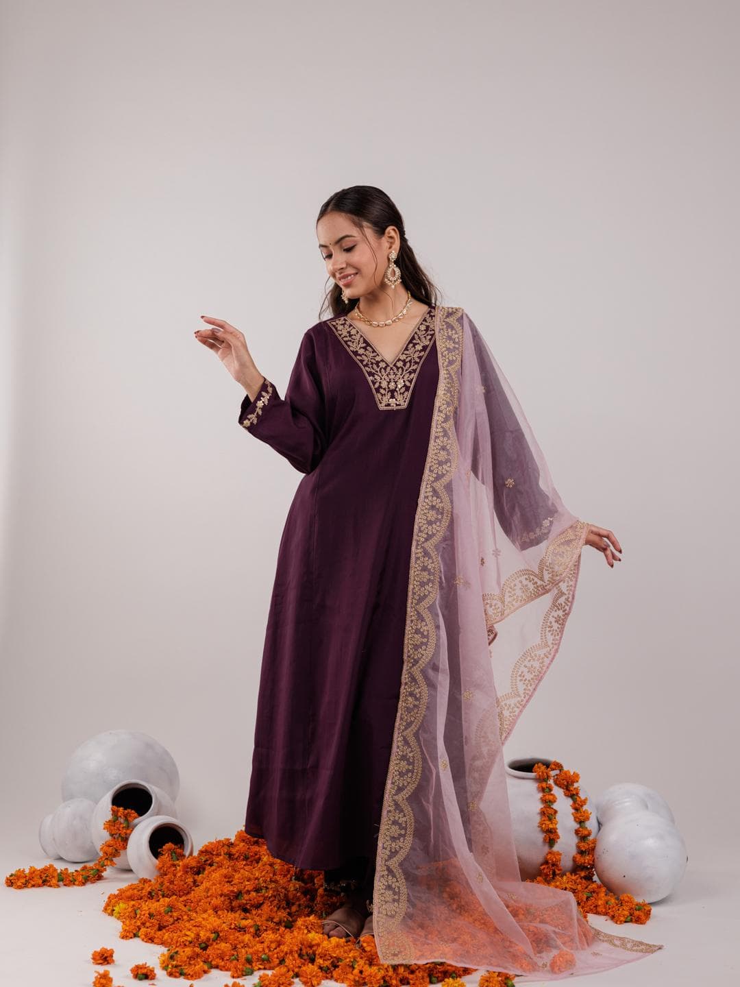 Yufta Purple Floral Yoke Design V-Neck Sequinned A-Line Kurta With Trousers & Dupatta