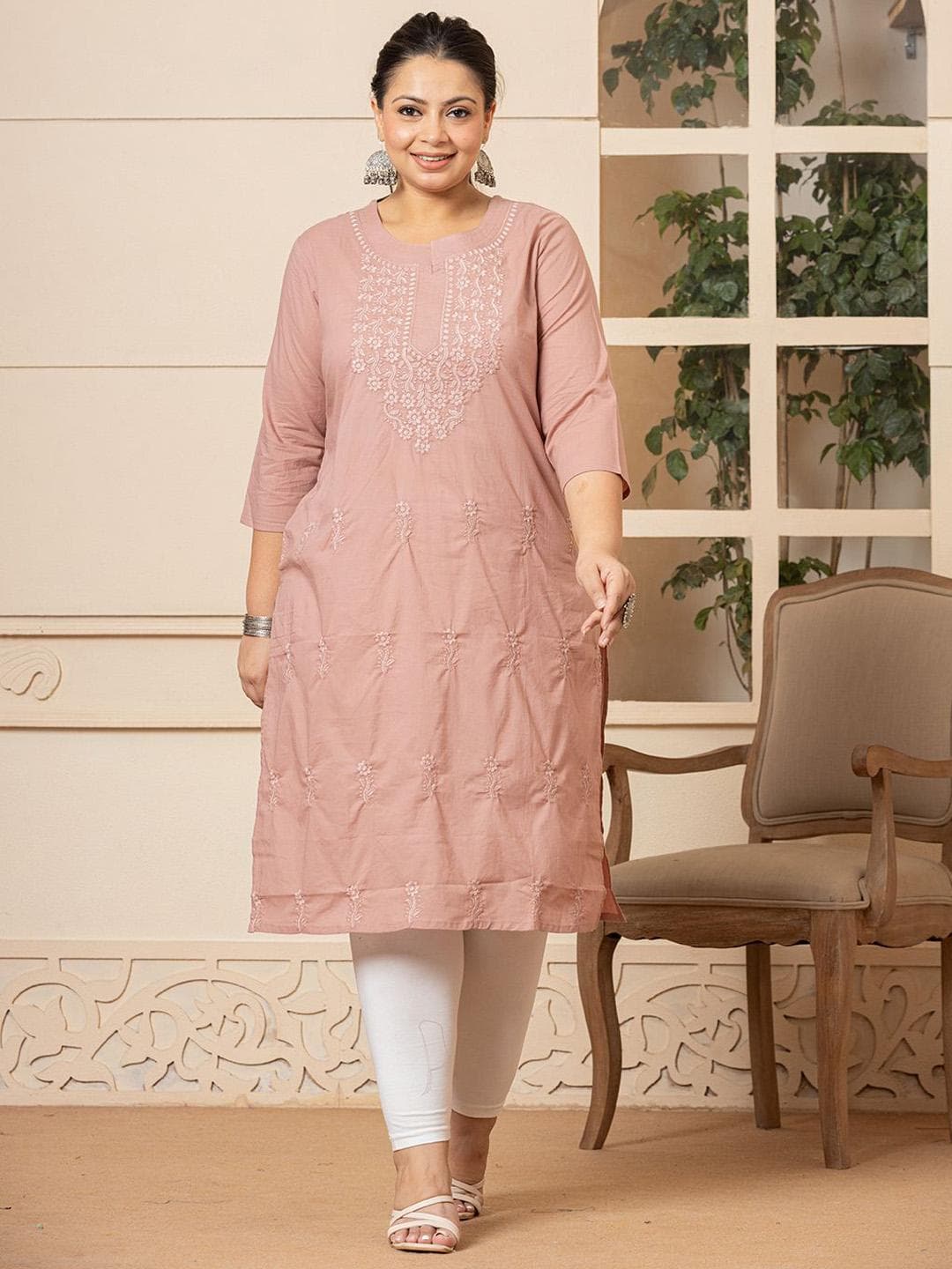 Yufta Plus Size Floral Embroidered Notch Neck Pure Cotton Straight Kurta