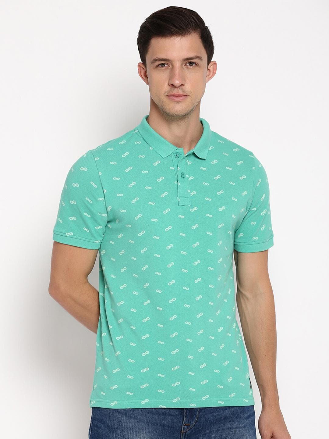 Lee Men Turquoise Blue & White Printed Polo Collar Slim Fit T-shrit