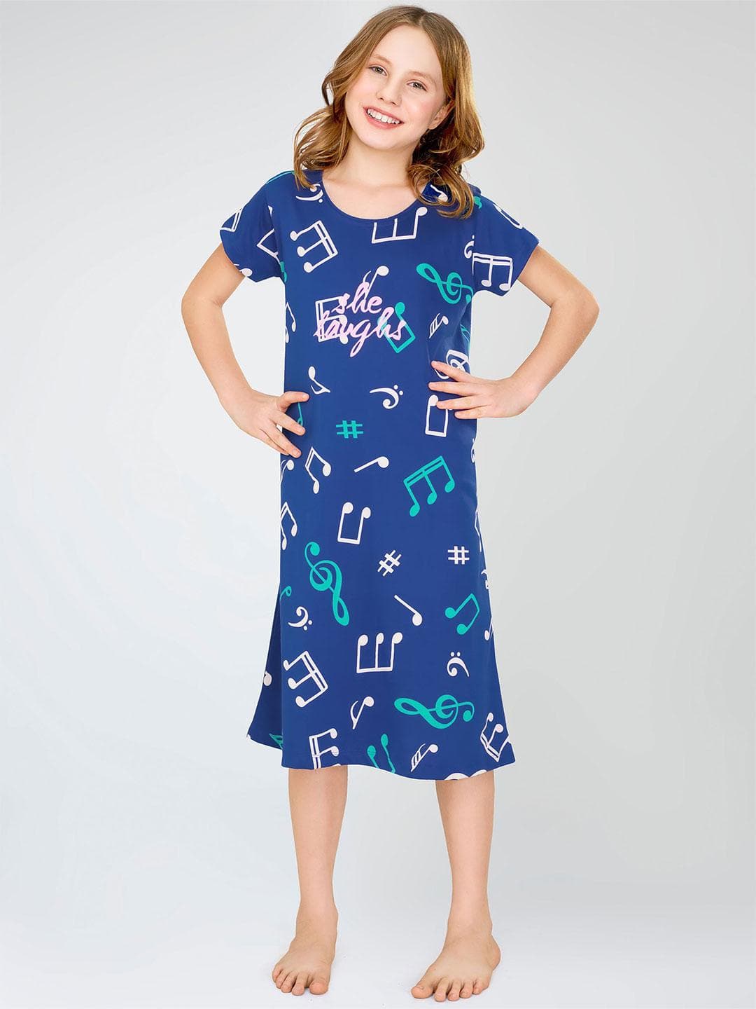 Zeyo Girls Pure Cotton Graphic Printed Round Neck Nightdress