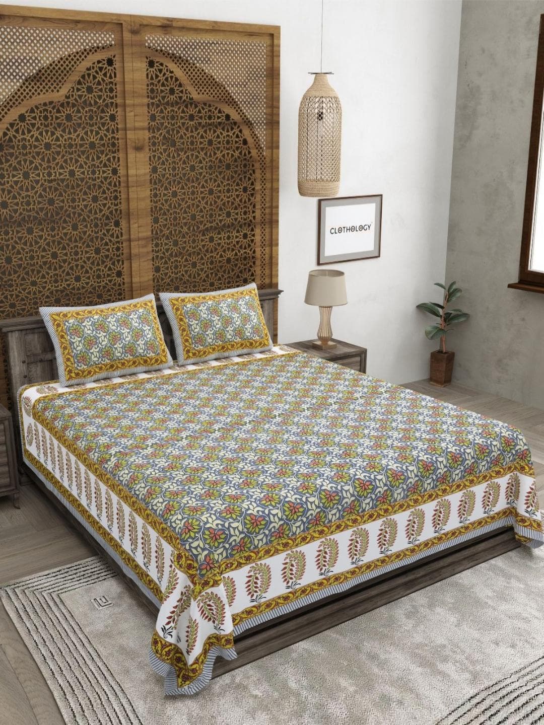 Buy CLOTHOLOGY Slate Grey Bloom Royal Bagh 180 TC Cotton King Bedsheet With 2 Pillow Cover - - Home for Unisex