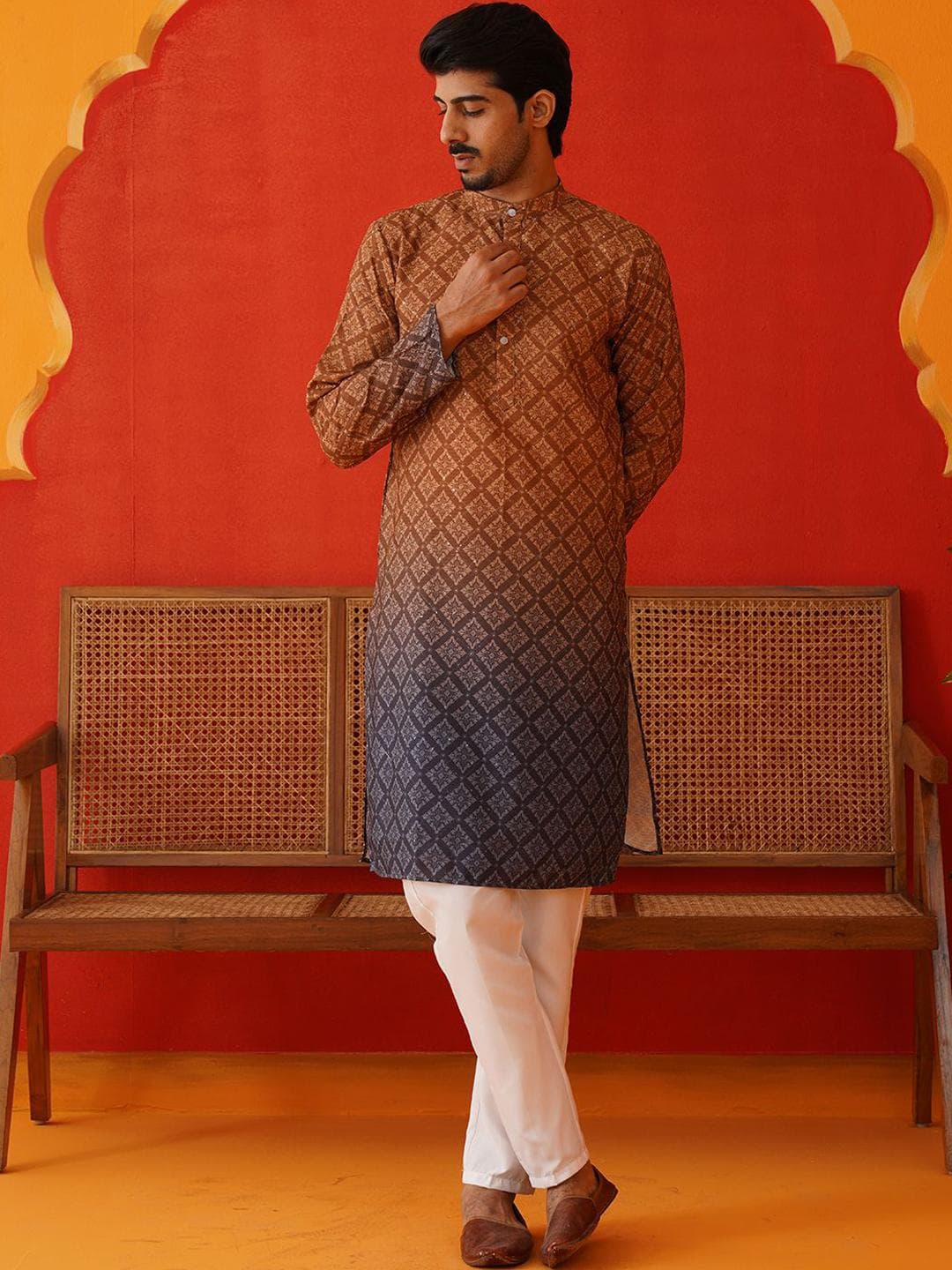 Jompers Men Floral Printed Regular Sequinned Kurta with Pyjamas