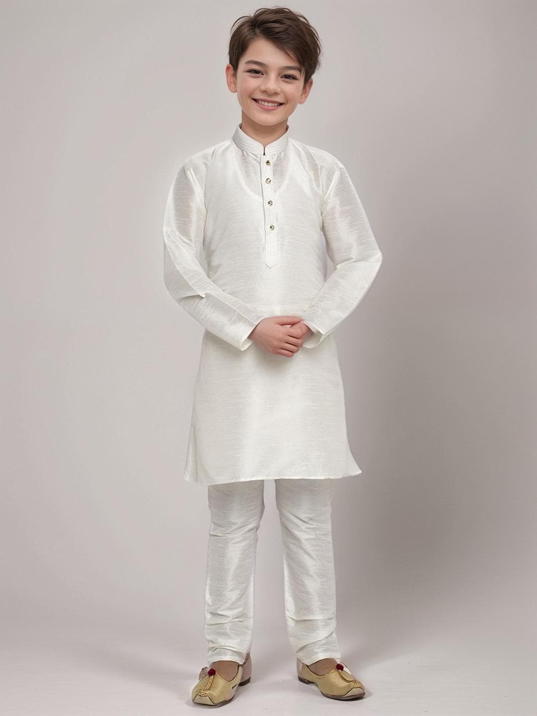 DEVOILER Boys Mandarin Collar Dupion Silk Straight Kurta