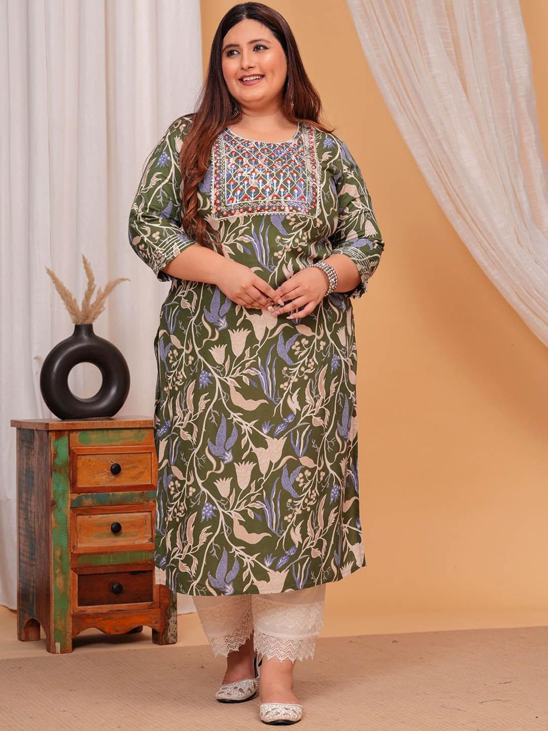 LABULY Plus Size Floral Printed Sequinned Straight Kurta