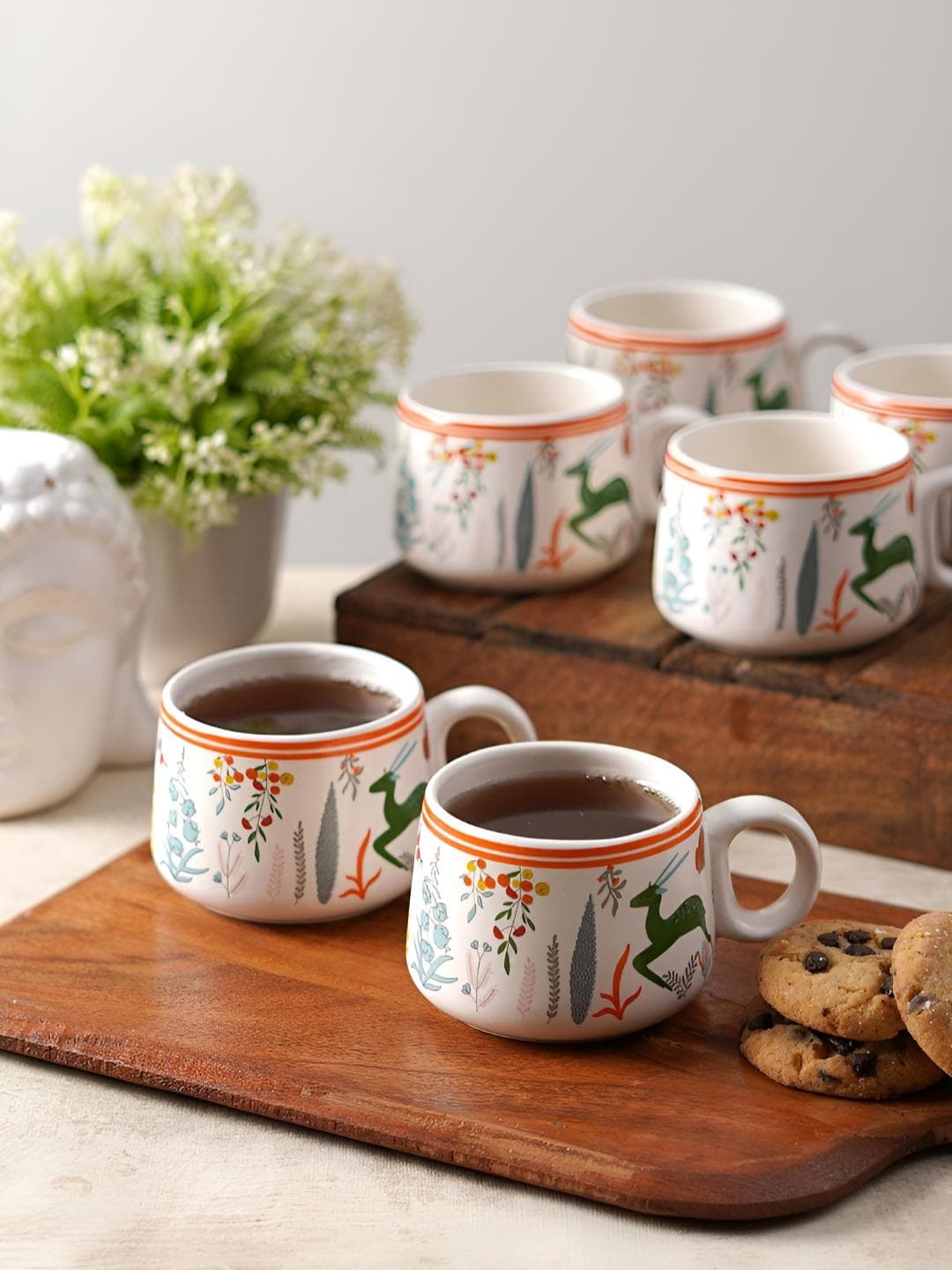 CDI Taj Mughal Truck Art White Animal Print Ceramic Handmade 6 Piece Cups-100ml