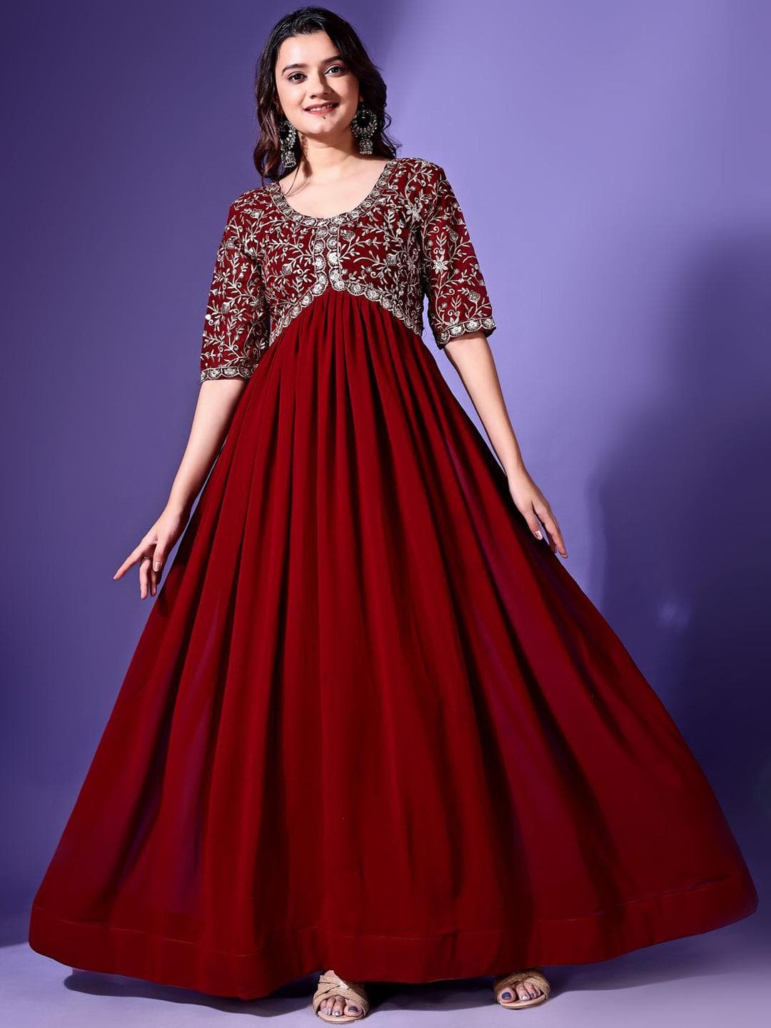 Buy KALINI Floral Embroidered Round Neck Gathered Georgette Fit & Flare Maxi Ethnic Dress - - Apparel for Women