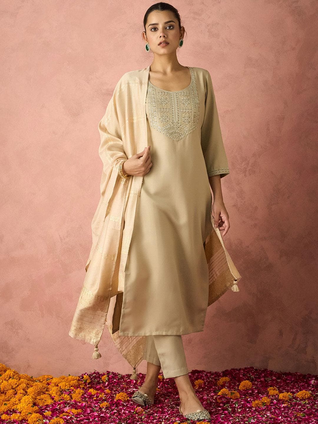 KALINI Ethnic Motifs Yoke Design Straight Embroidered Kurta with Trousers & Dupatta