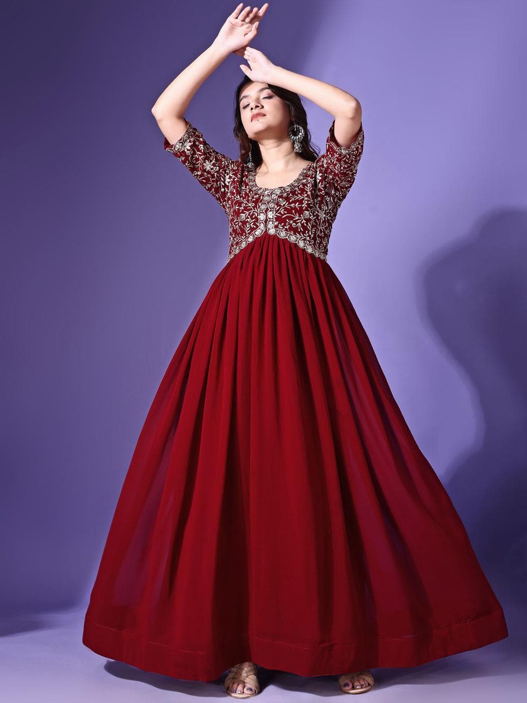 KALINI Floral Embroidered Thread Work Georgette Fit and Flare Ethnic Dress