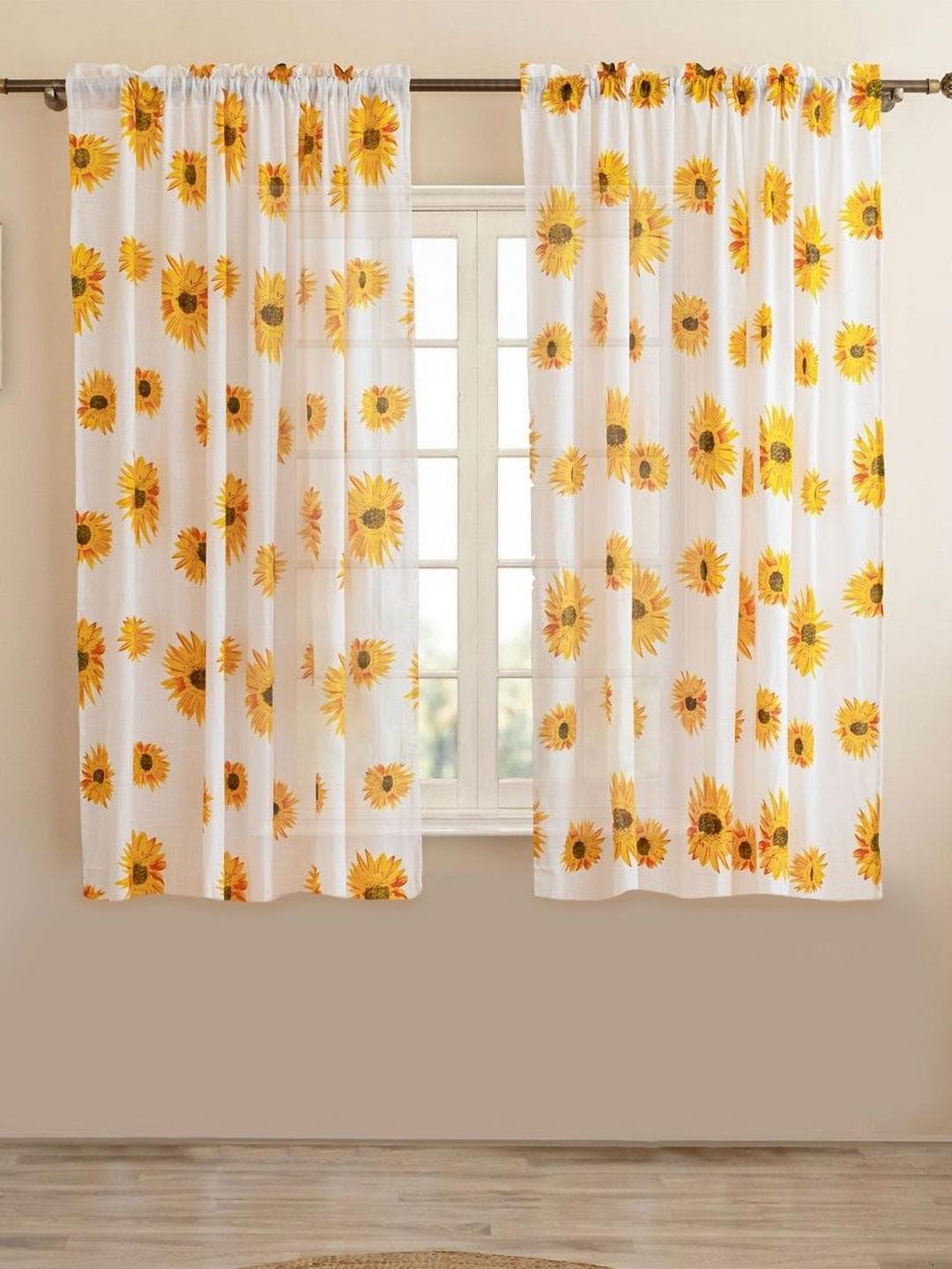 HOMEMONDE Yellow & White 2 Pieces Floral Printed Sheer Window Curtains