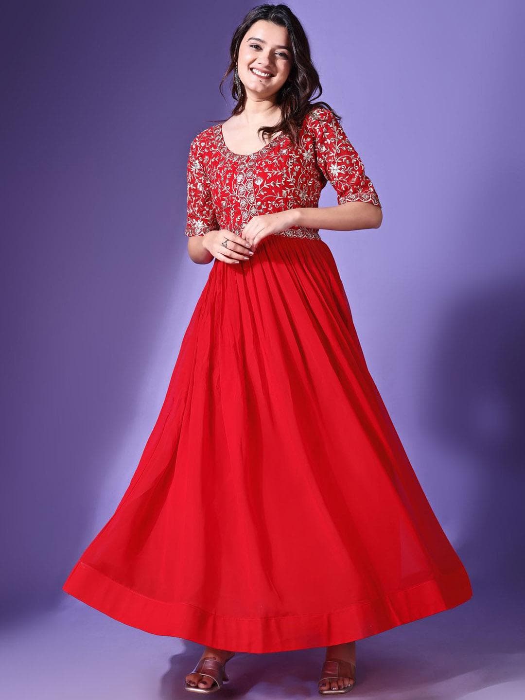Buy KALINI Floral Embroidered Georgette Maxi Fit And Flare Ethnic Dress - - Apparel for Women