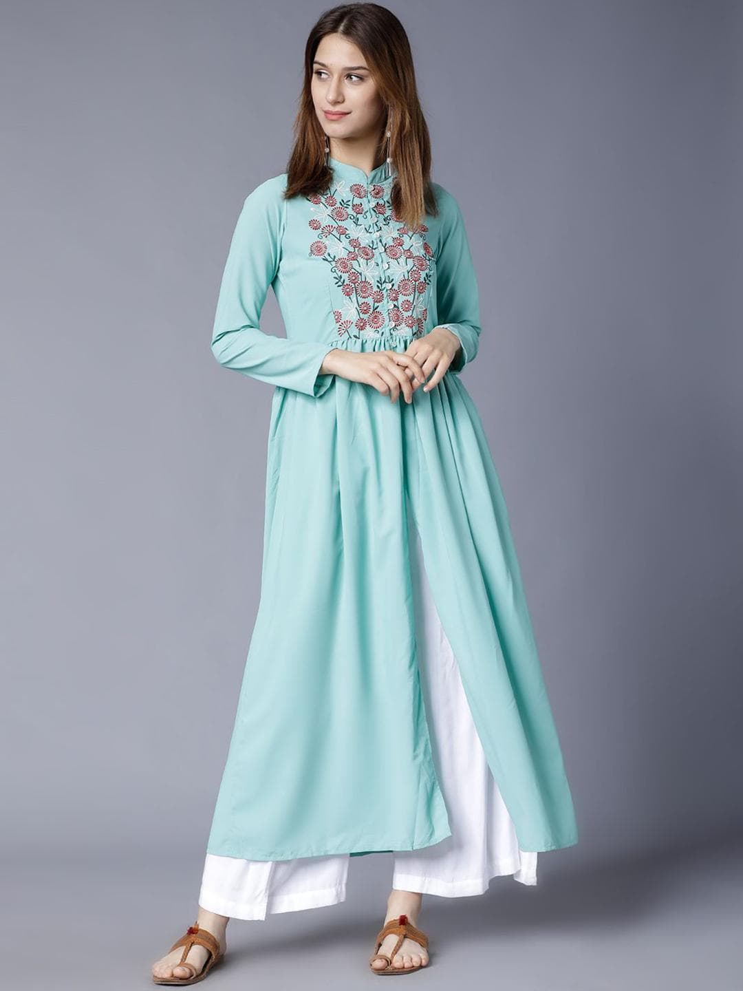 Vishudh Green Floral Embriodered Mandarin Collar Thread Work Gathered Anarkali Kurta