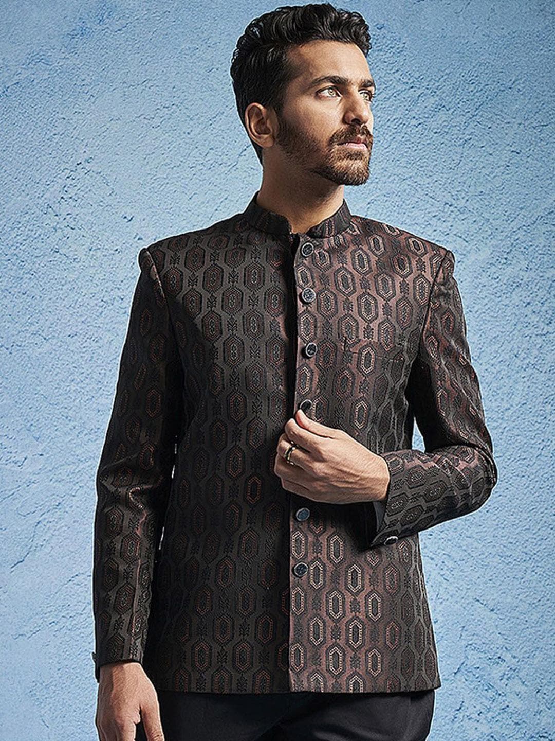 VASTRAMAY Self Design Mandarin Collar Slim Fit Bandhgala Blazers
