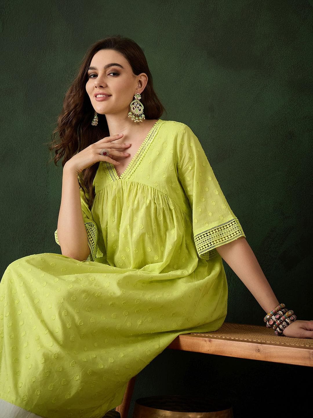 Sangria Women Lime Green Self Design V-Neck A-Line Kurta