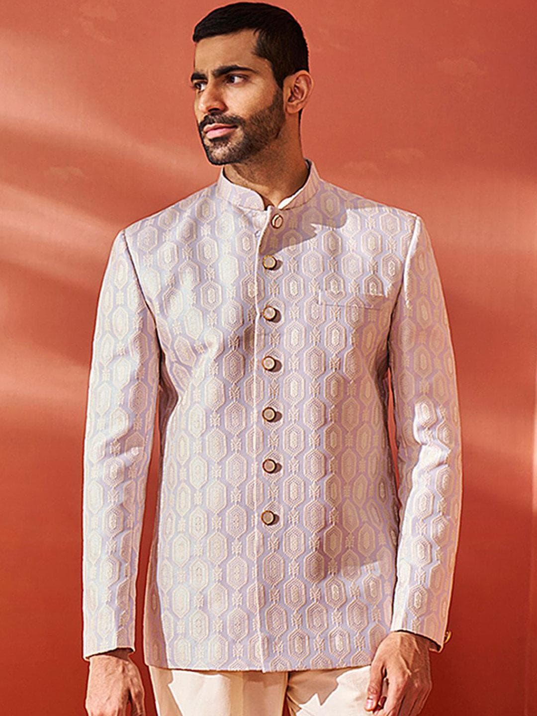 VASTRAMAY Embroidered Slim Fit Jacquard Bandhgala Blazers