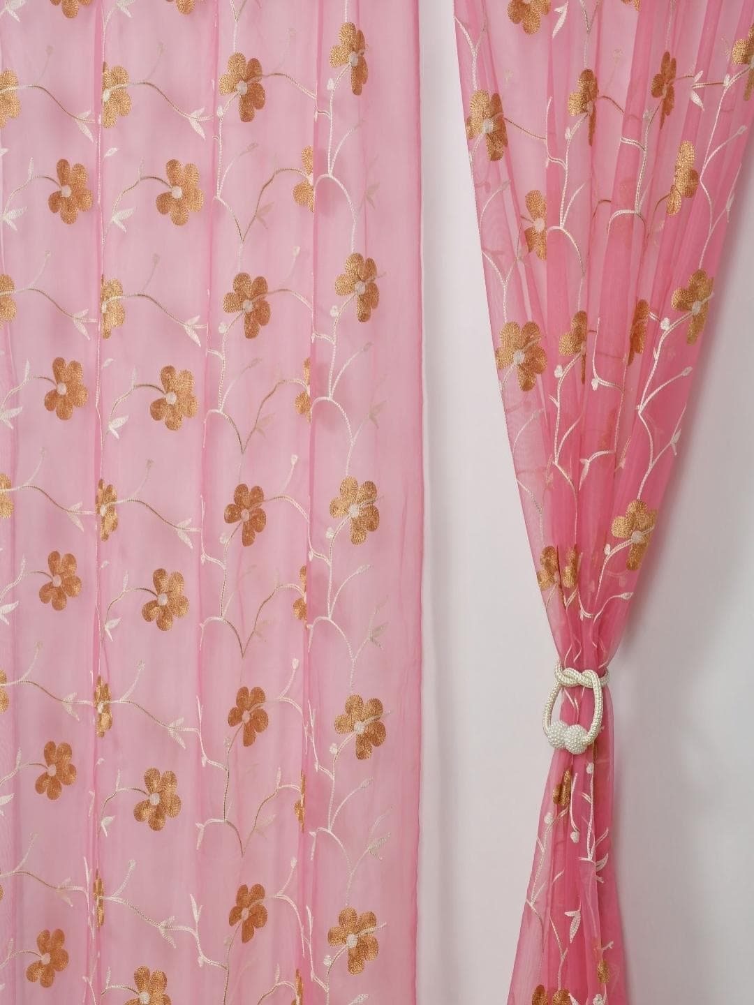 Buy Aura Pink & Beige Set Of 2 Embroidered Sheer Door Curtain - - Home for Unisex
