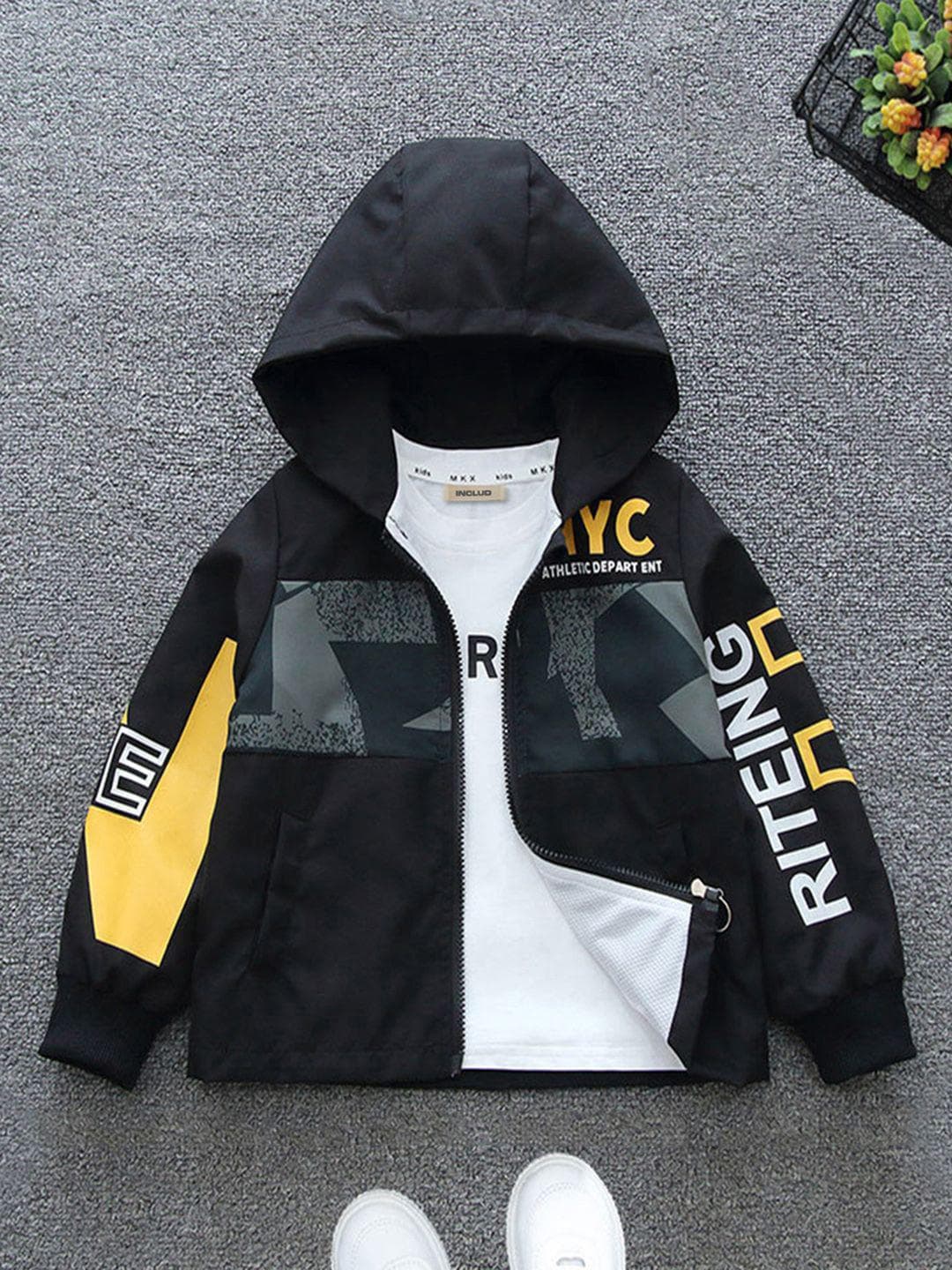 INCLUD Boys Hooded Typography Printed Open Front Jacket