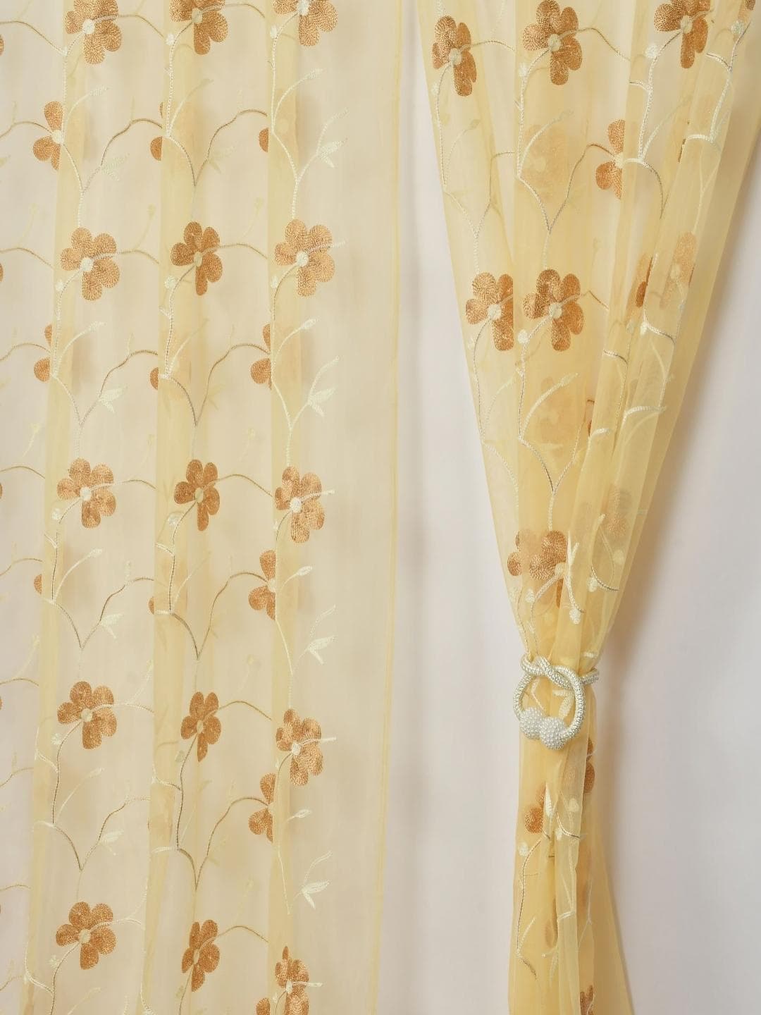 Aura Beige & White Set of 2 Embroidered Sheer Window Curtain