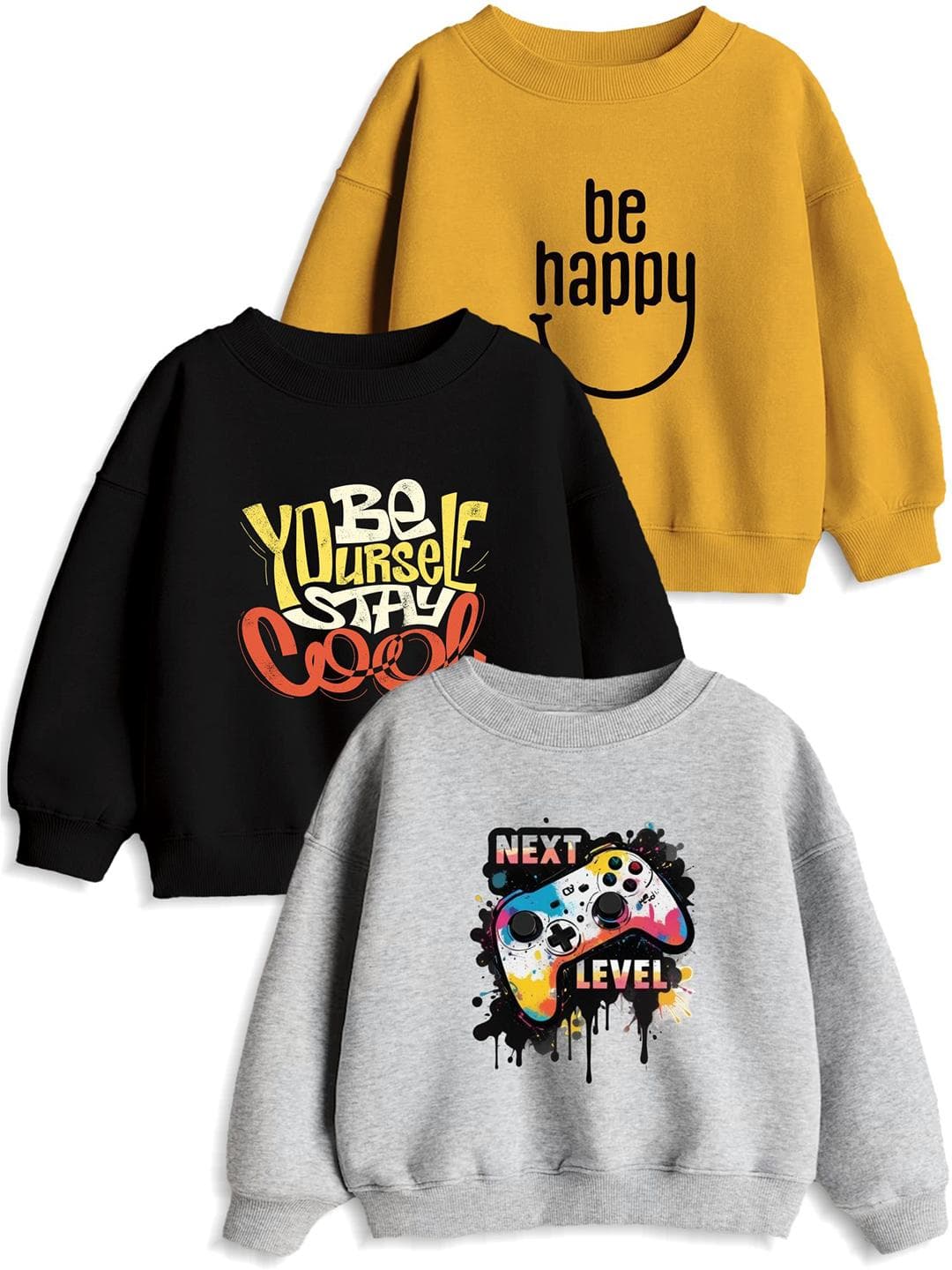 Minicult Unisex Kids Pack Of 3 Typography Printed Round Neck Cotton Pullover Sweatshirts