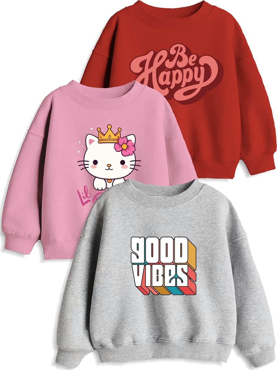 Minicult Unisex Kids Pack Of 3 Typography Printed Round Neck Cotton Pullover Sweatshirts