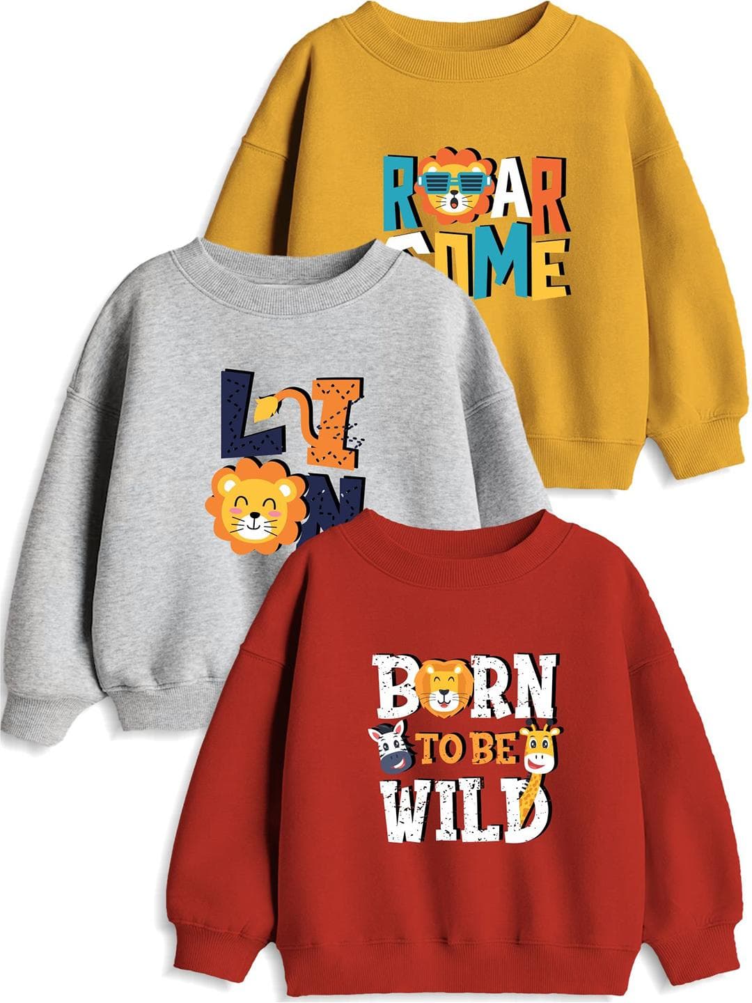 Minicult Unisex Kids Pack Of 3 Typography Printed Round Neck Cotton Pullover Sweatshirts