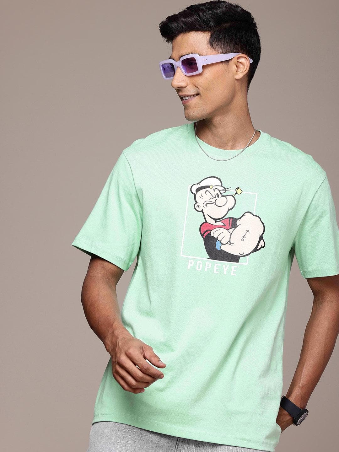 WROGN X POPEYE Printed Drop-Shoulder Sleeves Cotton Relaxed Fit T-shirt