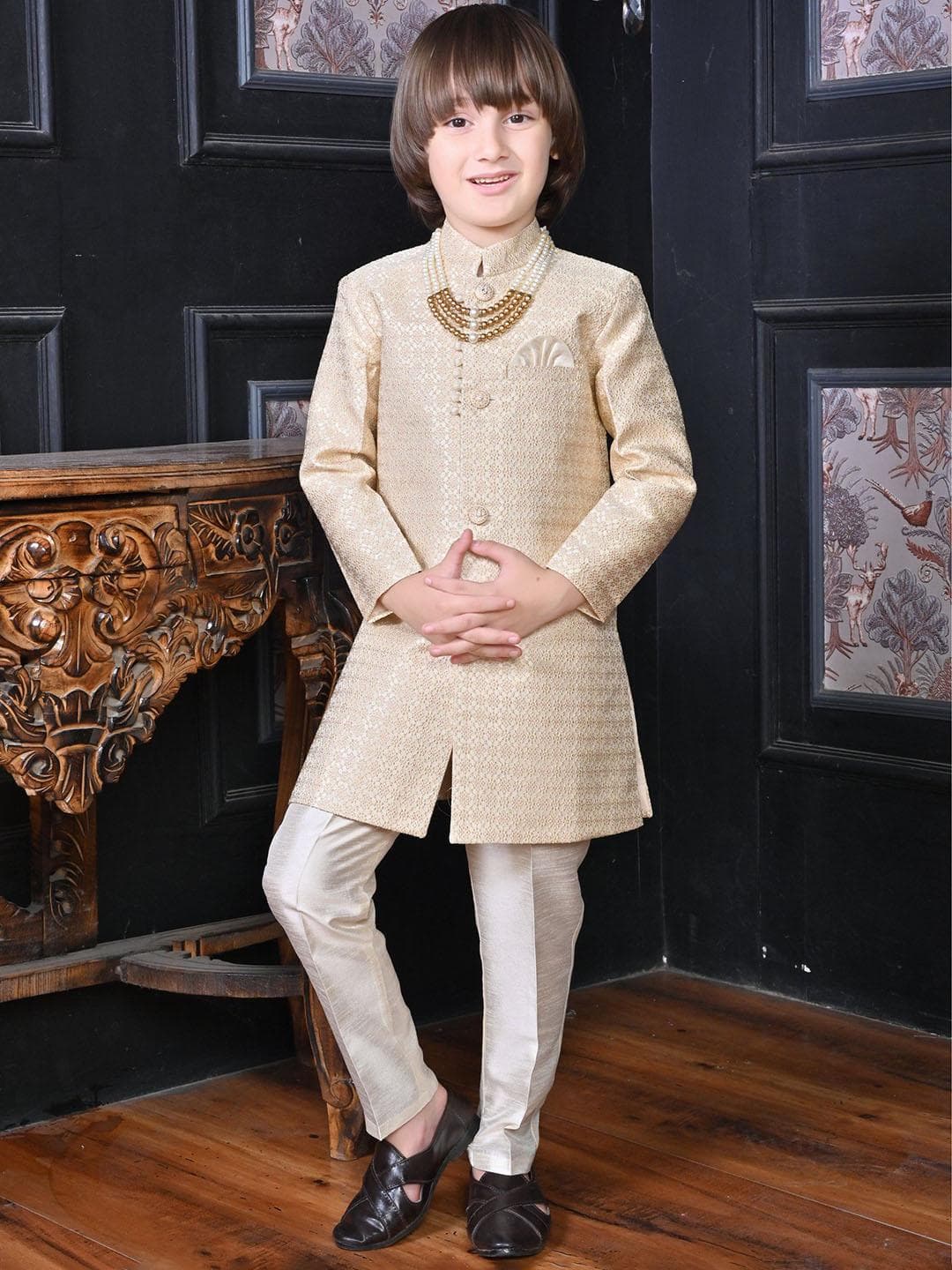 ahhaaaa Boys Self Design Embroidered Sherwani Set