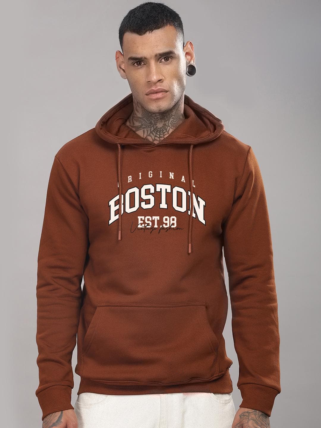 ADRO Men Typography Printed Hood Cotton Pullover Ribbed Sweatshirt